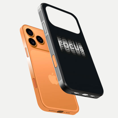Mono Focus Vision Glass Case for iPhone 17 Pro Max floating dual-view mockup showing HD gloss and elegant simplicity