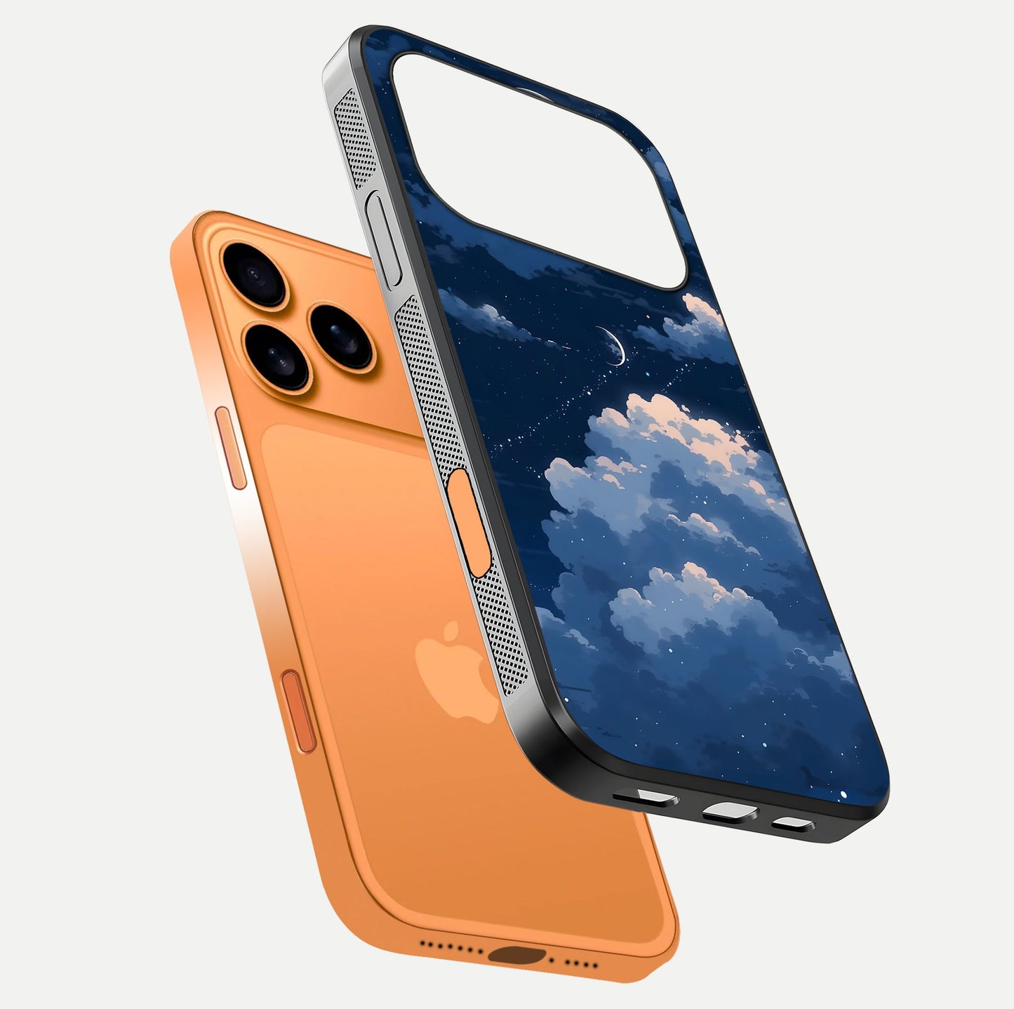 Moon Dream Haze Glass Case for iPhone 17 Pro Max floating dual-view mockup showing gloss texture and calm tones