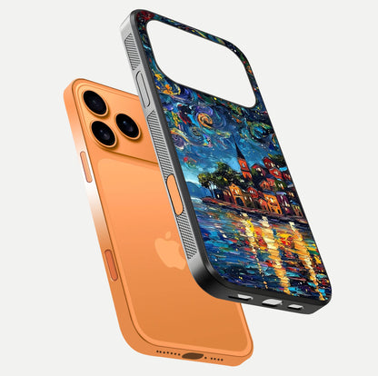 Moonlight Harbor Glow Glass Case for iPhone 17 Pro Max floating dual-view mockup showing gloss brightness and glow