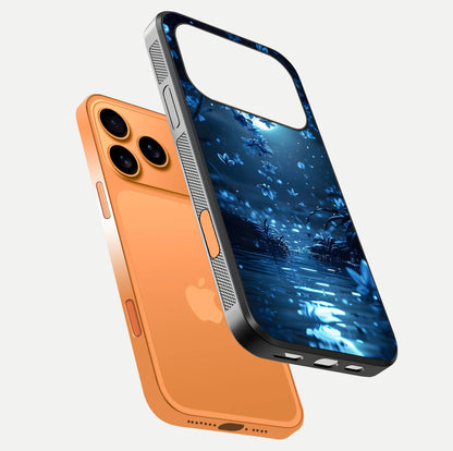 Moonlight Petal Dream Glass Case for iPhone 17 Pro Max floating dual-view mockup showing HD gloss and dreamy art