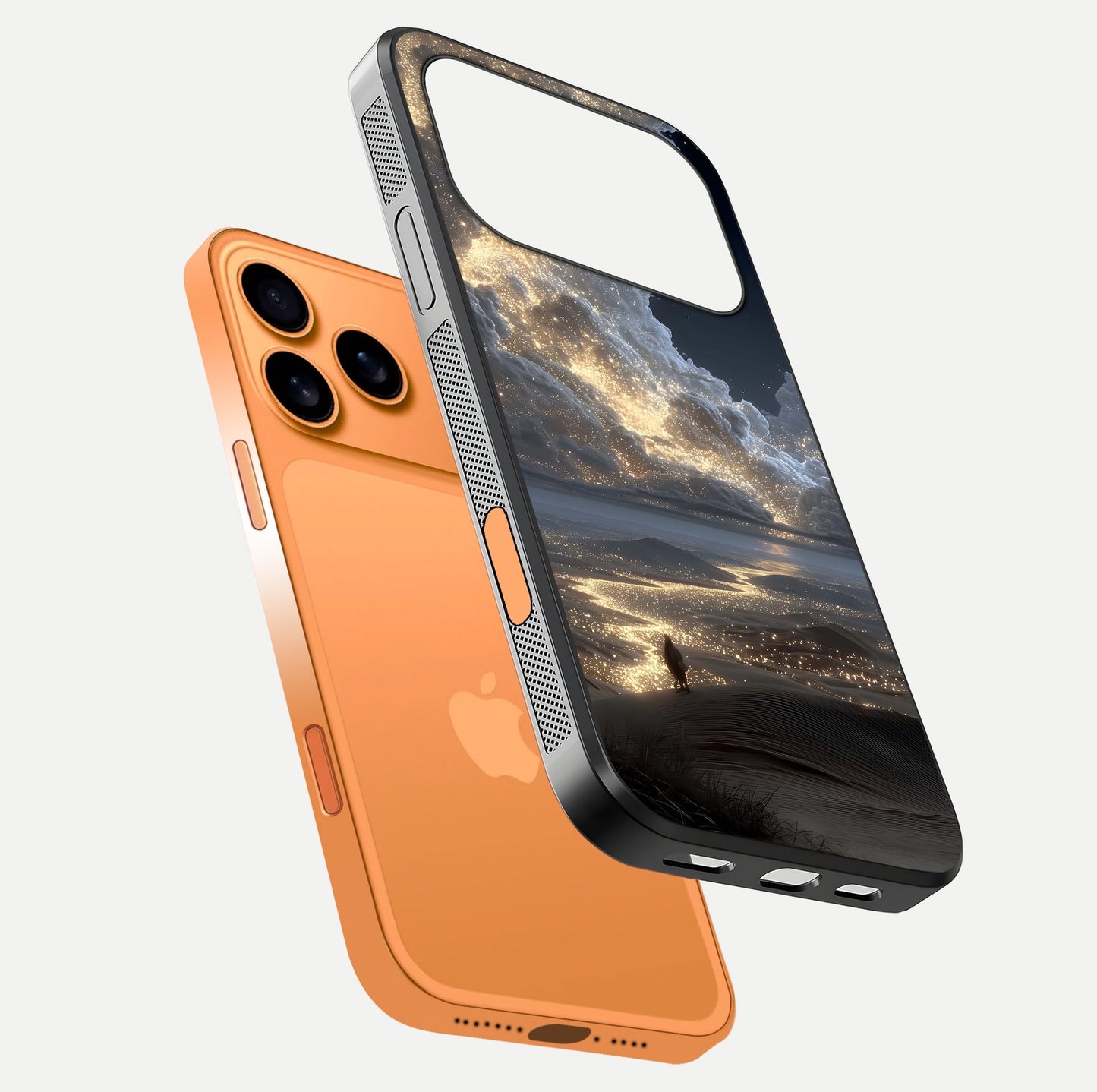Moonlight Spark Path Glass Case for iPhone 17 Pro Max floating dual-view mockup showing gloss finish and shine depth