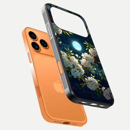 Moonlit Blossom Dream Glass Case for iPhone 17 Pro Max floating dual-view mockup showing gloss texture and floral tone