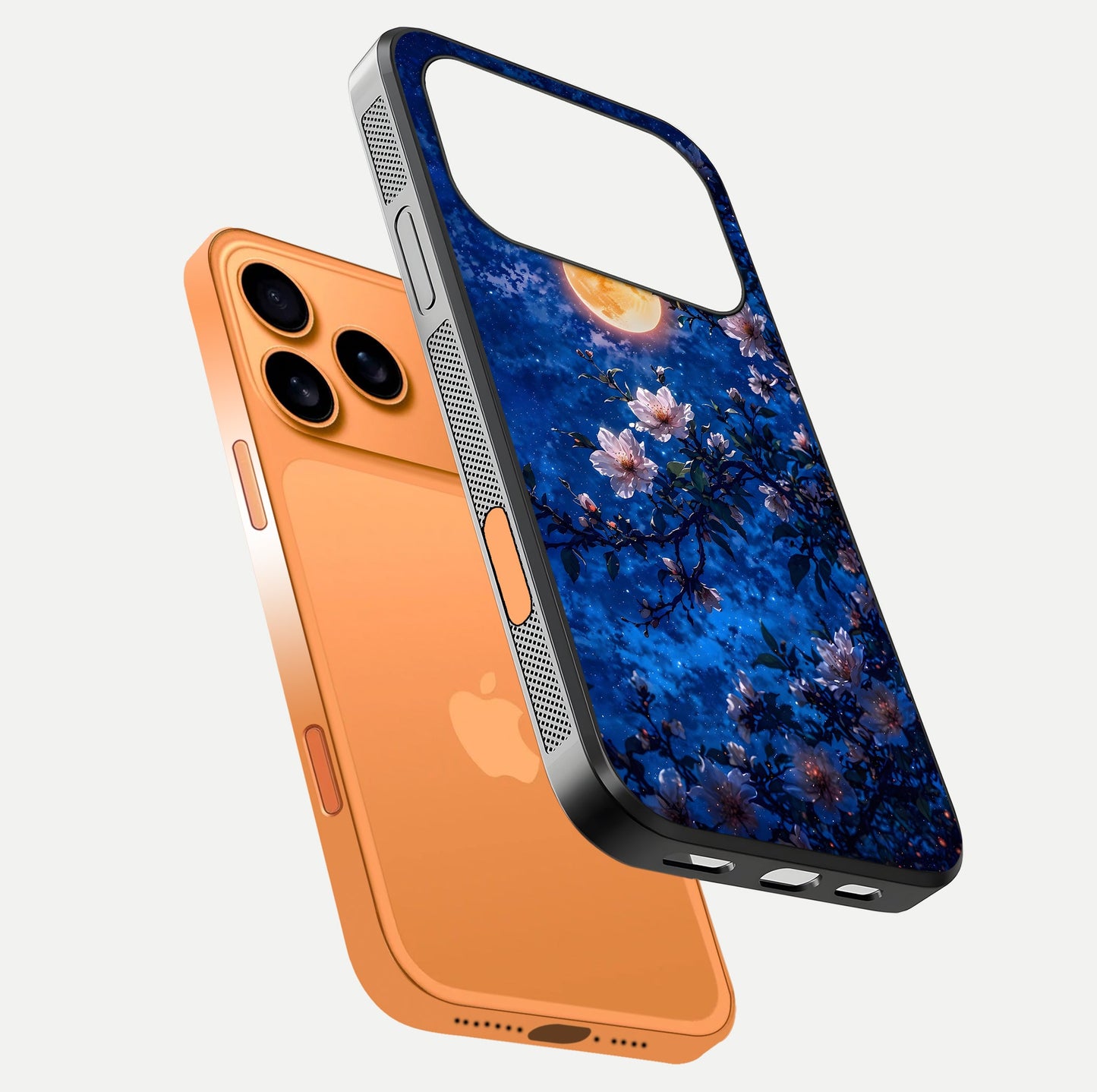 Moonlit Blossoms Night Glass Case for iPhone 17 Pro Max floating dual-view mockup showing HD gloss and floral contrast