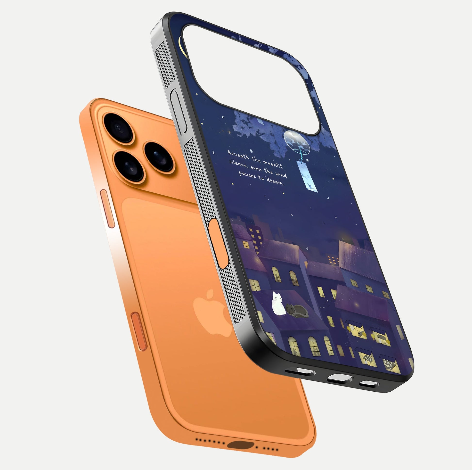 Moonlit Cat Silence Glass Case for iPhone 17 Pro Max floating dual-view mockup showing gloss reflection and moon art