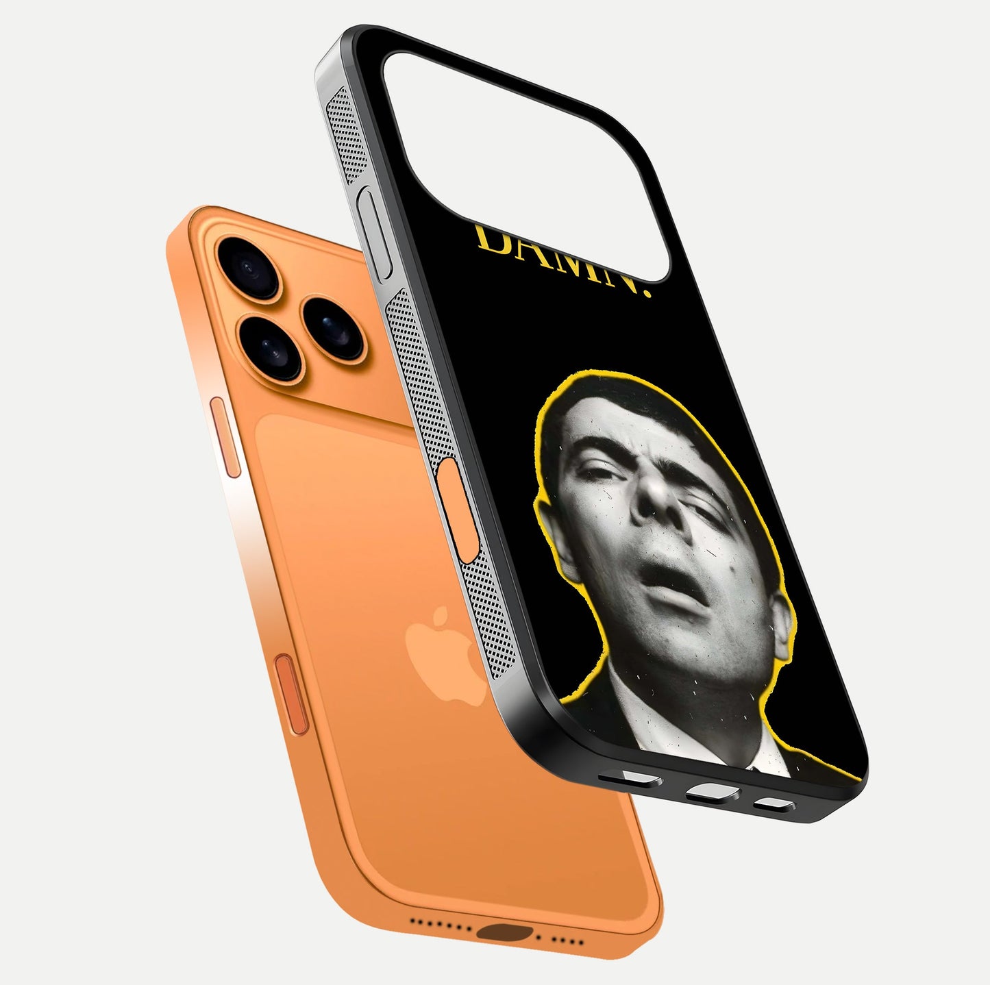 Mr Bean Damn Glass Case for iPhone 17 Pro Max floating dual-view mockup showing reflective gloss and vivid tones