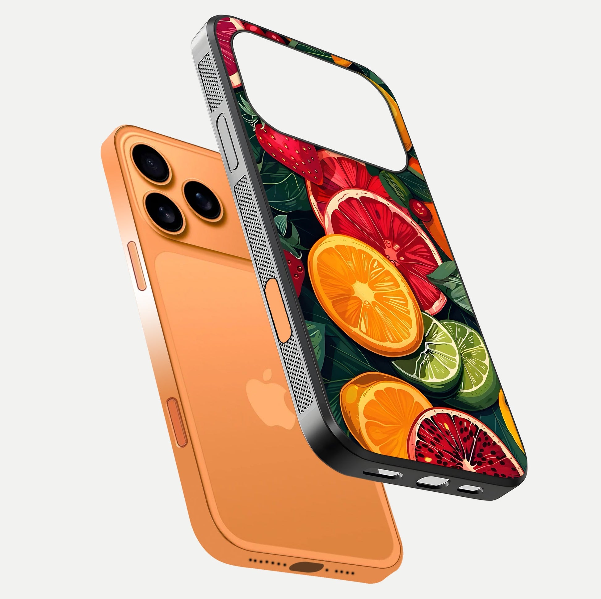 Multiple Fruits Glass Case for iPhone 17 Pro Max floating dual-view mockup showing reflection depth and freshness