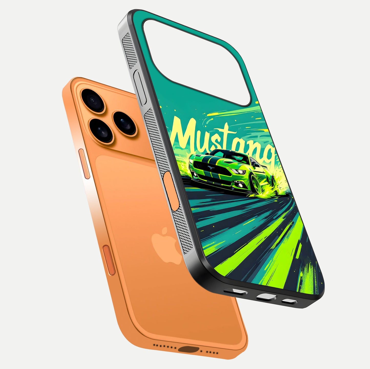 Mustang Bang Glass Case for iPhone 17 Pro Max floating dual-view mockup showing gloss depth and power design