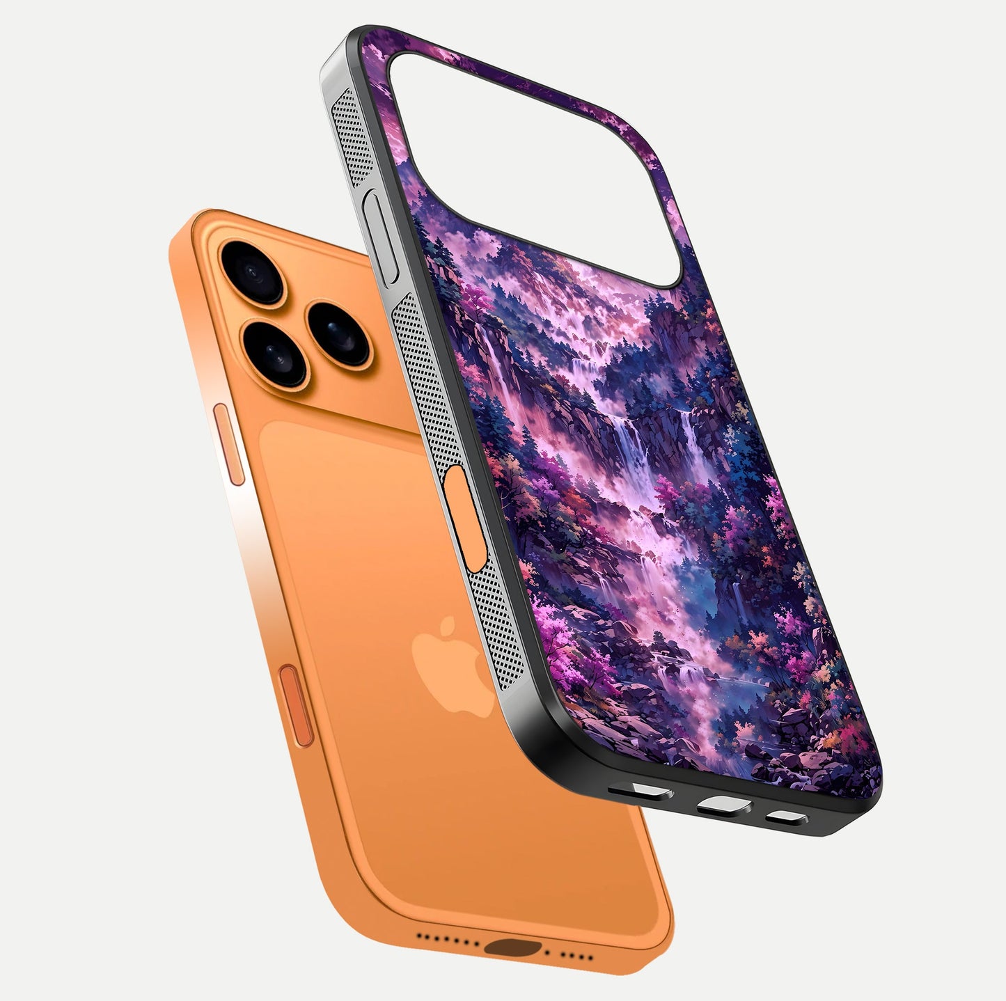 Mystic Cascade Peaks Glass Case for iPhone 17 Pro Max floating dual-view mockup showing gloss texture and depth