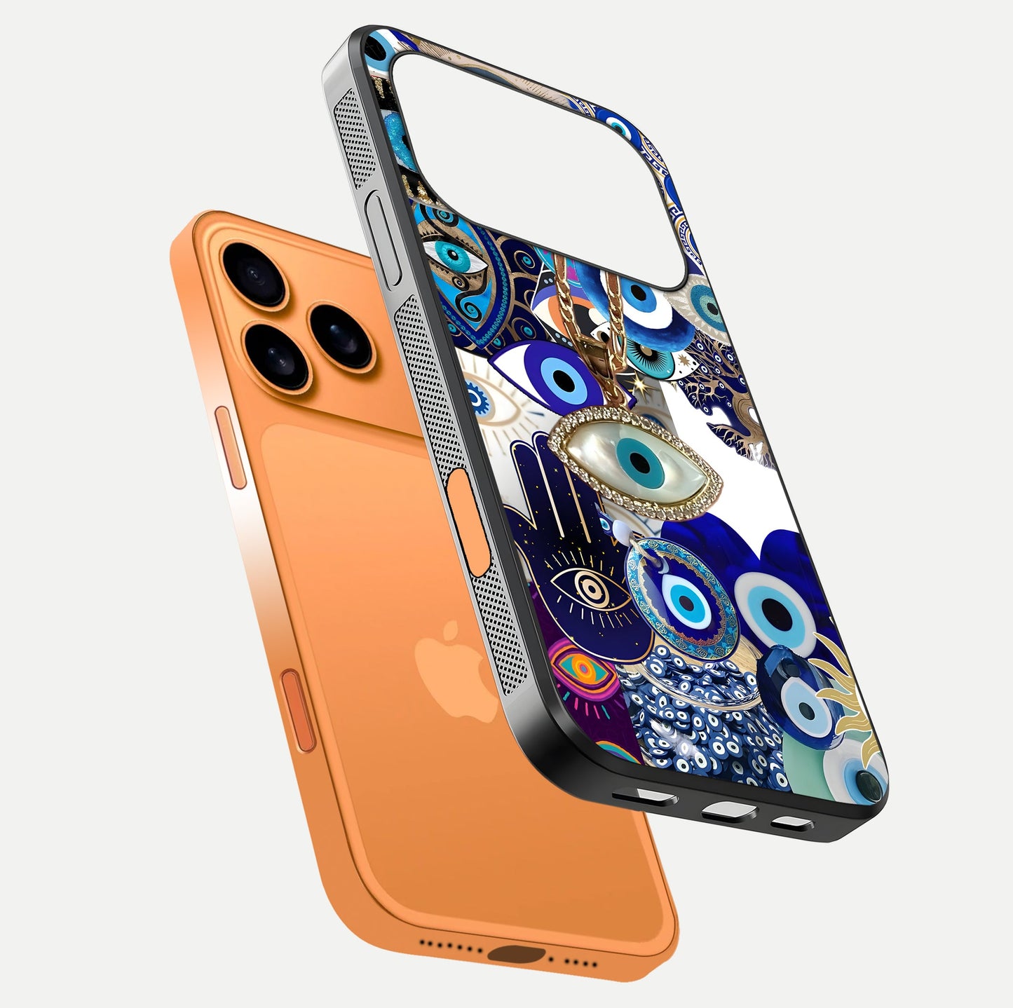 Mystic Charm Eye Glass Case for iPhone 17 Pro Max floating dual-view mockup showing gloss glow and charm symbol