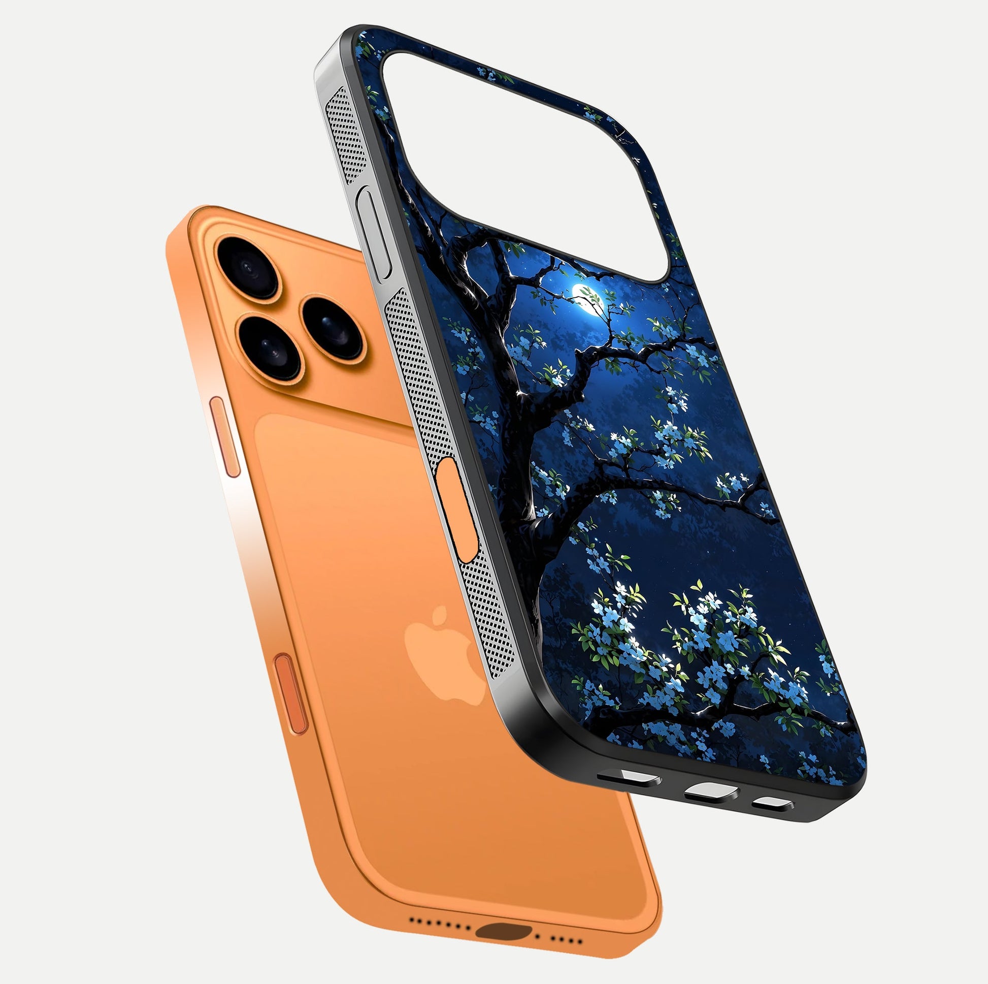 Mystic Floral Night Glass Case for iPhone 17 Pro Max floating dual-view mockup displaying shine and rich color depth