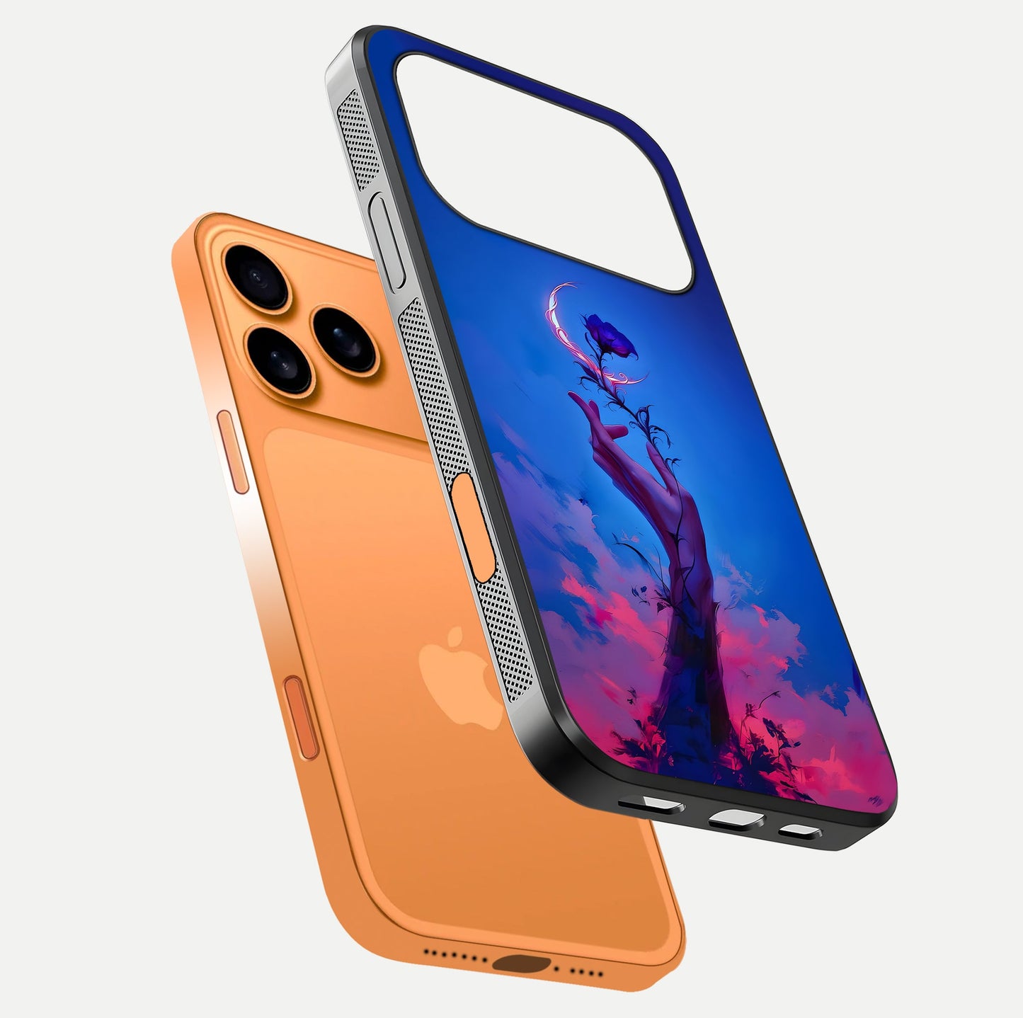 Mystic Hand Glass Case for iPhone 17 Pro Max floating dual-view mockup showing HD shine and fine palm detail