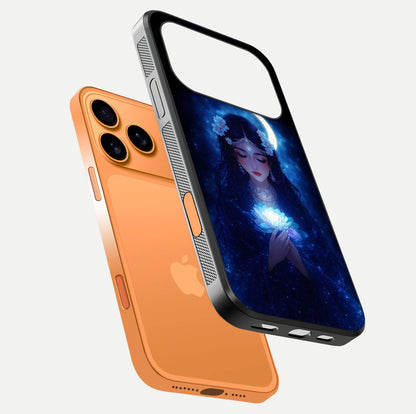 Mystic Moon Queen Glass Case for iPhone 17 Pro Max floating dual-view mockup showing HD gloss and cosmic glow