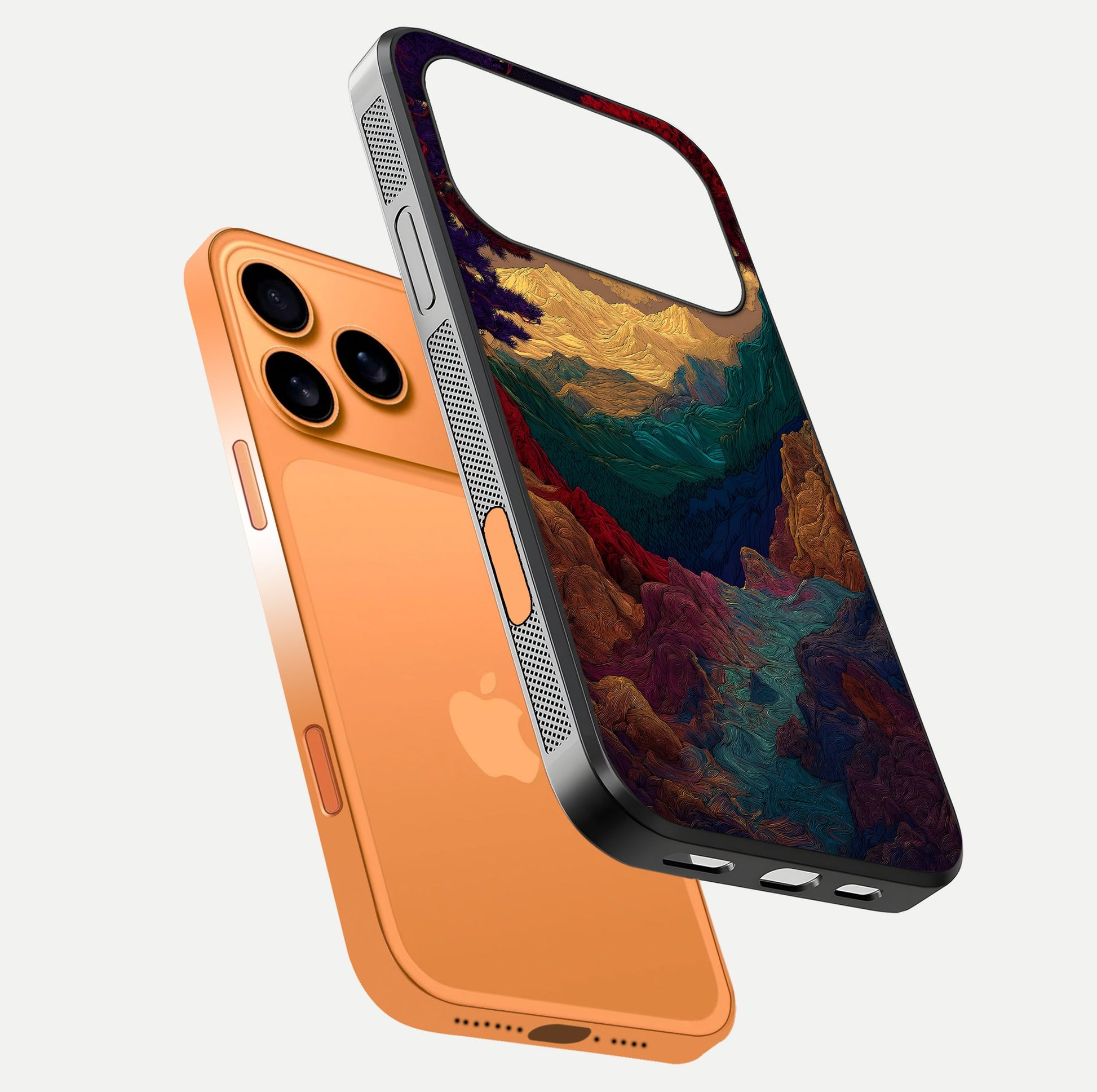 Mystic Valley Light Glass Case for iPhone 17 Pro Max floating dual-view mockup showing HD gloss and light blend