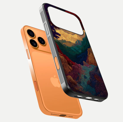 Mystic Valley Light Glass Case for iPhone 17 Pro Max floating dual-view mockup showing HD gloss and light blend