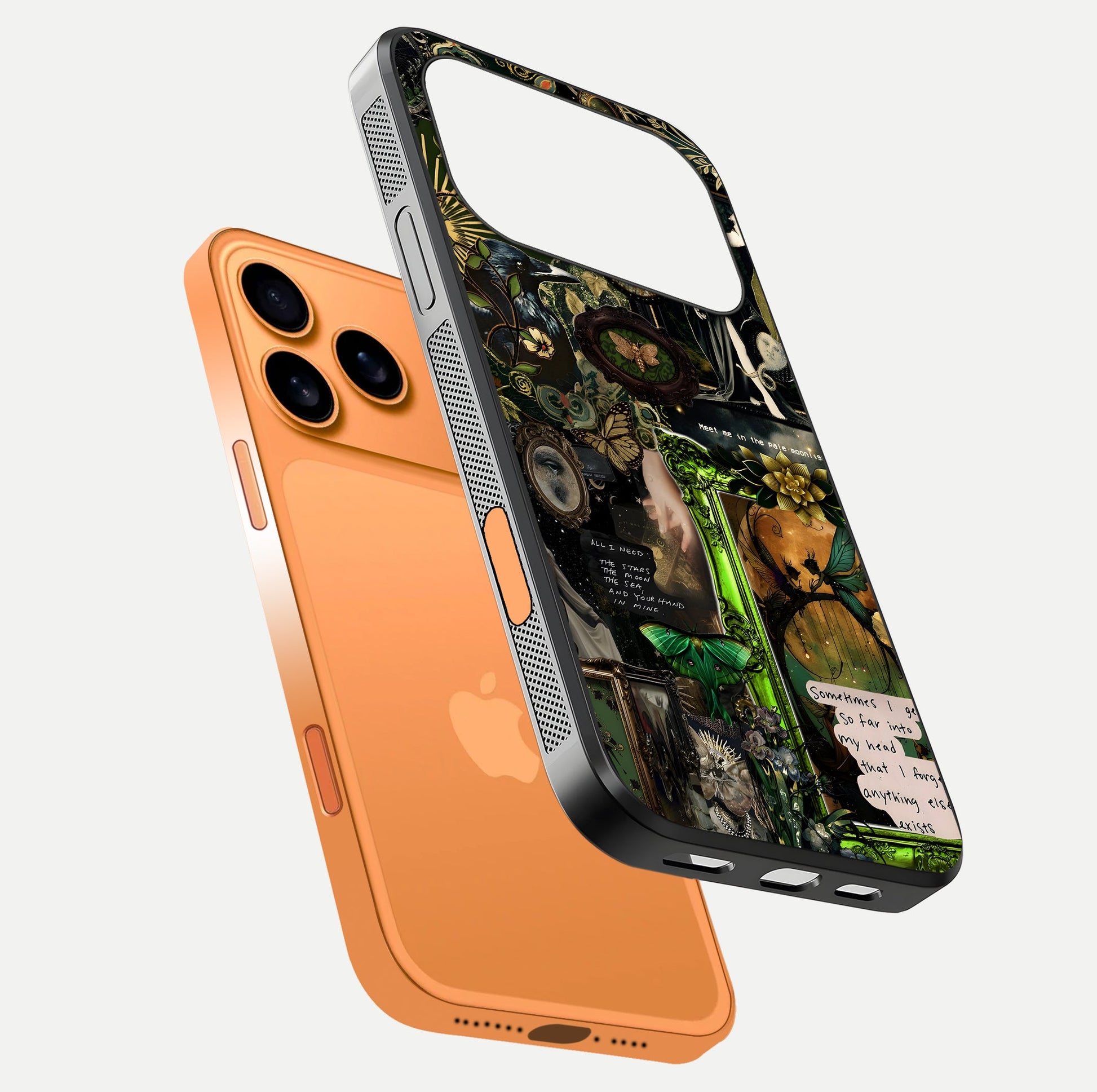 Mystic Woods Secret Glass Case for iPhone 17 Pro Max floating dual-view mockup showing HD shine and depth