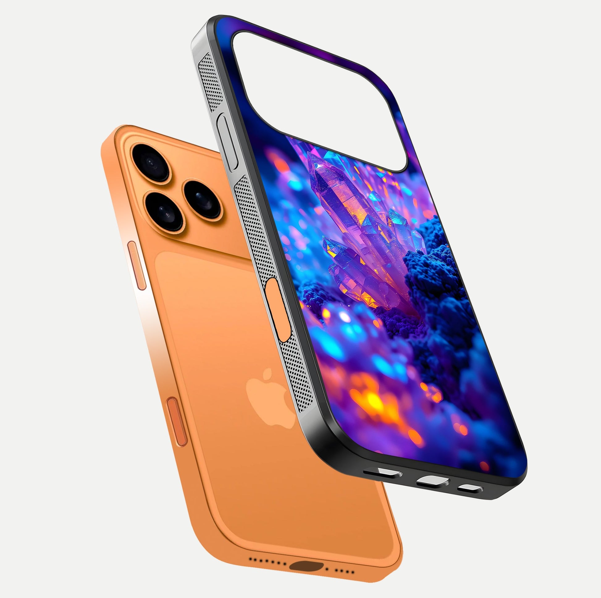 Neon Aura Shards Glass Case for iPhone 17 Pro Max floating dual-view mockup showing HD shine and shard texture