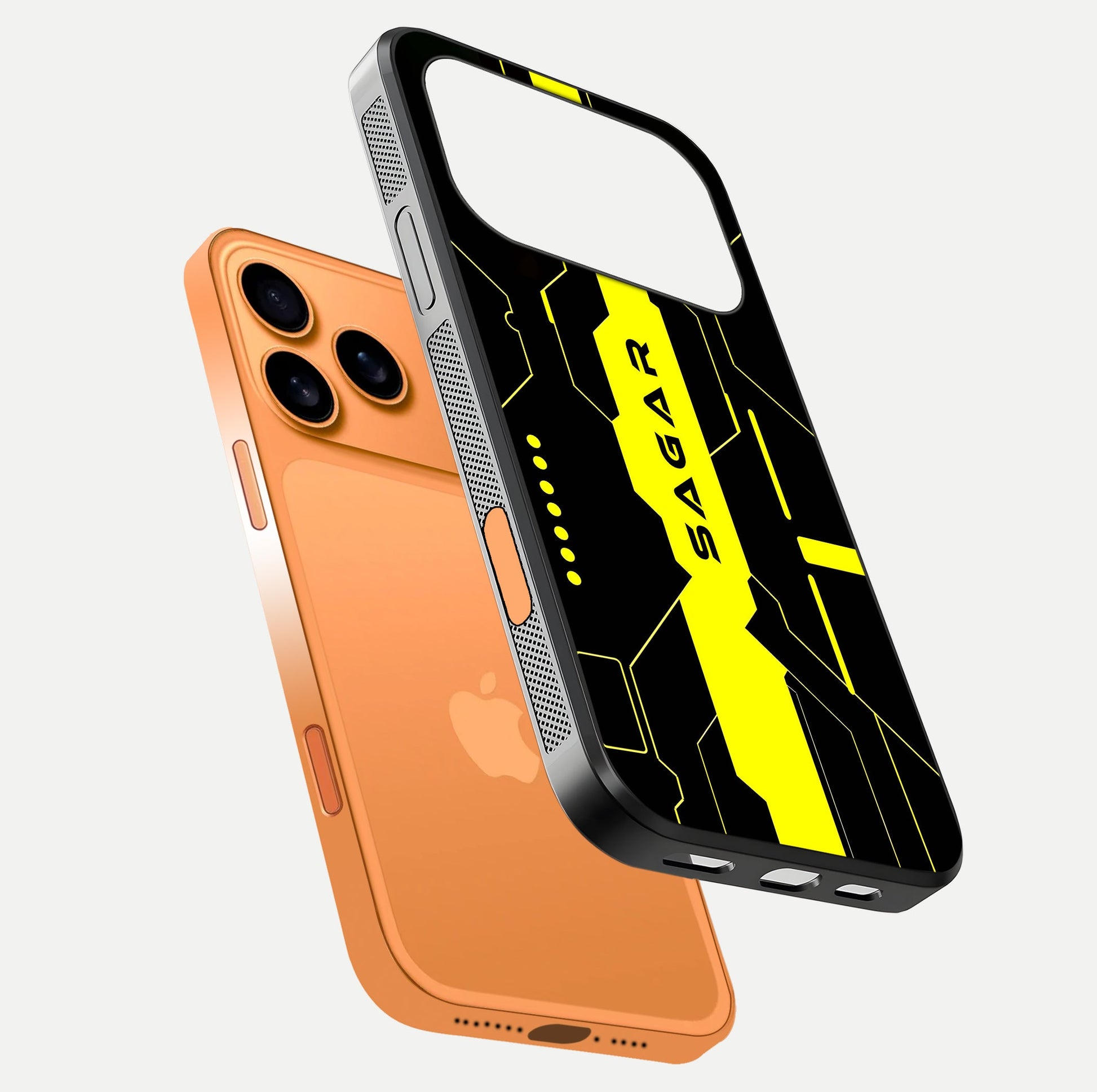 Neon CYBERPUNK Custom Name Glass Case for iPhone 17 Pro Max floating dual-view mockup showing HD shine and neon lines