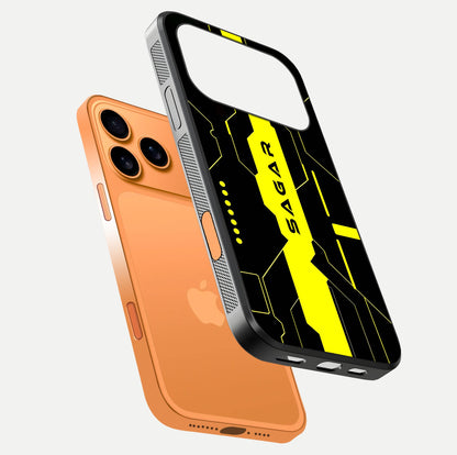 Neon CYBERPUNK Custom Name Glass Case for iPhone 17 Pro Max floating dual-view mockup showing HD shine and neon lines