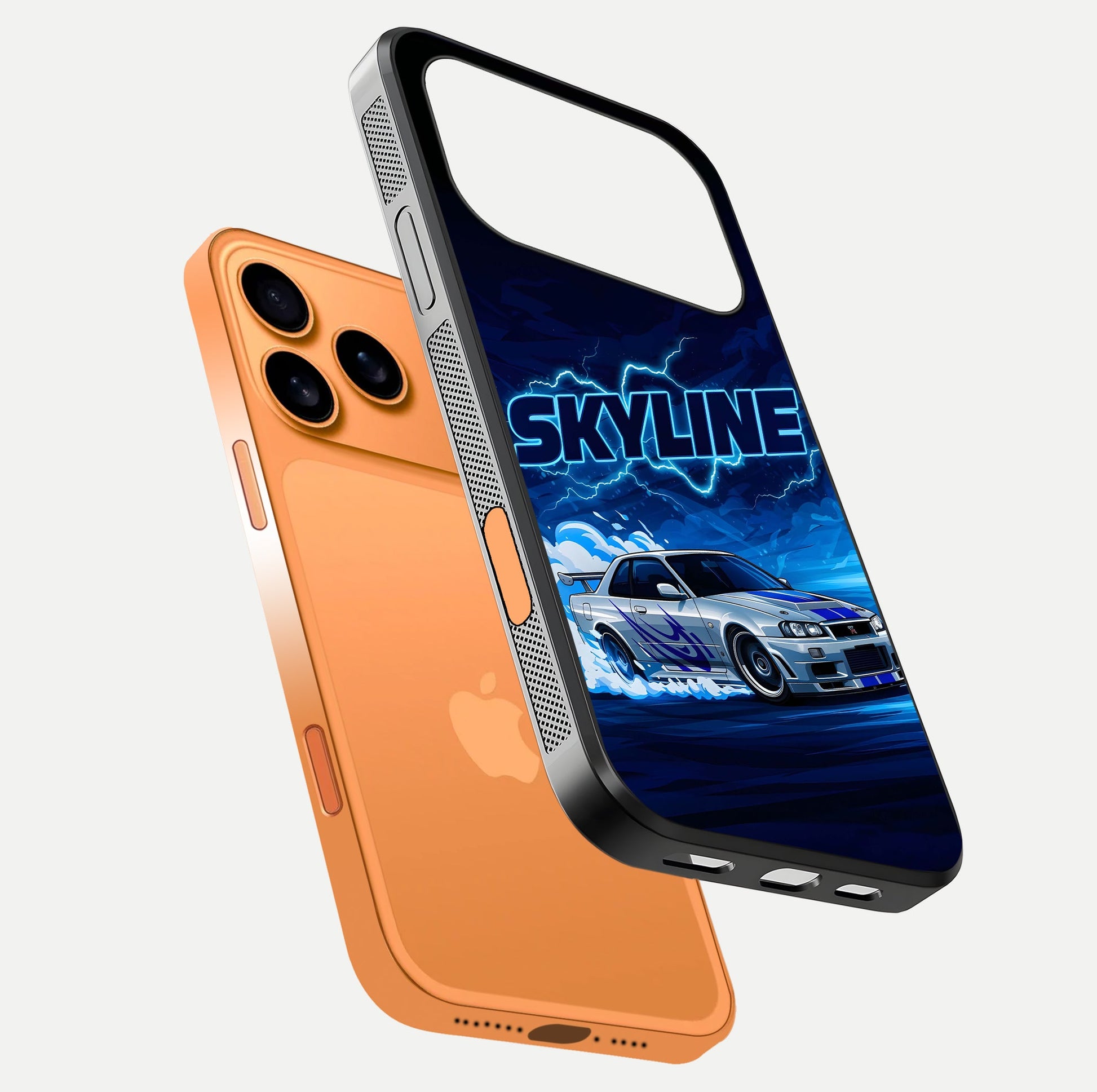 Neon Drift Beast Glass Case for iPhone 17 Pro Max floating dual-view mockup showing gloss texture and motion glow