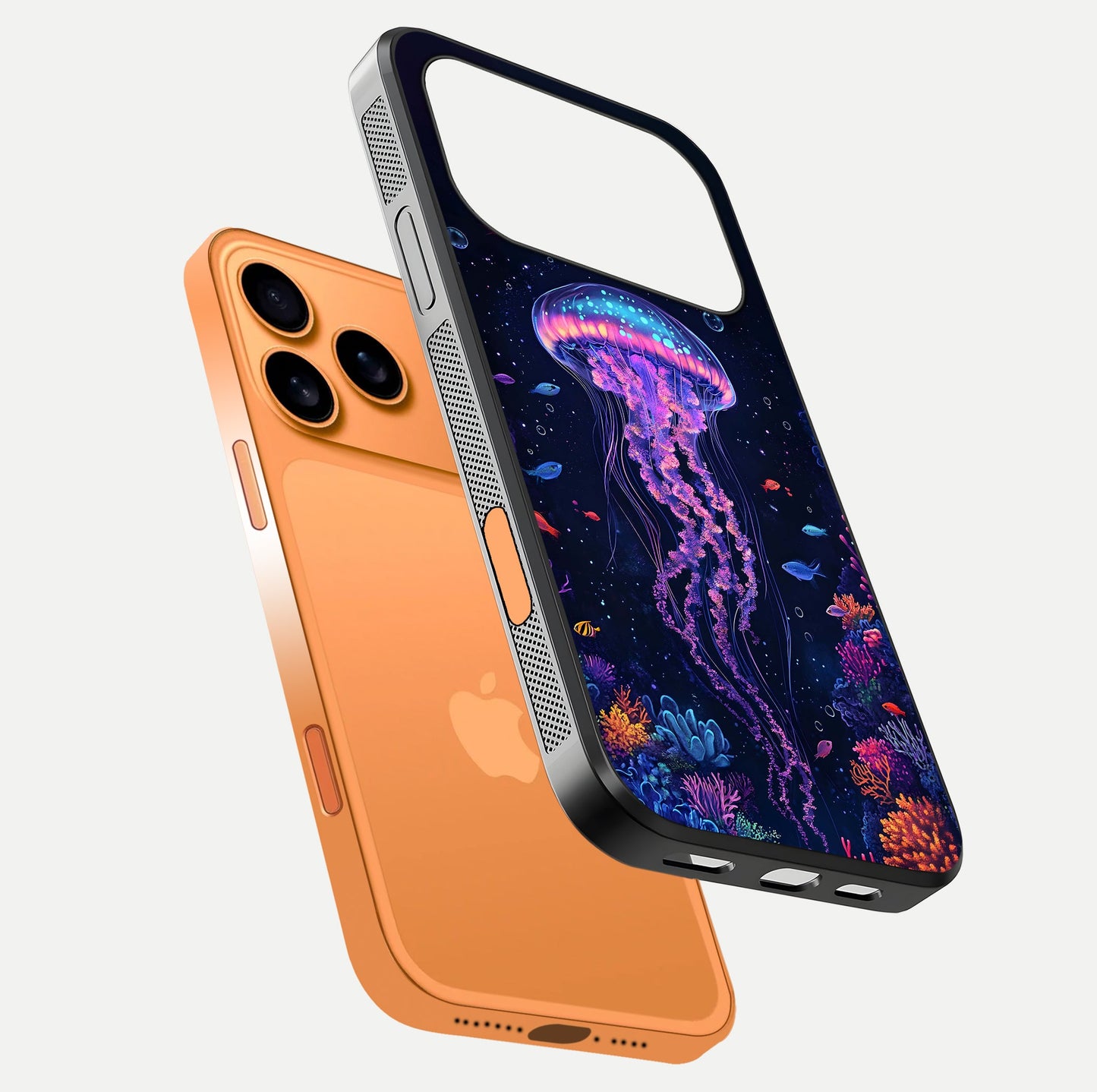 Neon Jellyfish Glass Case for iPhone 17 Pro Max floating dual-view mockup showing gloss texture and underwater glow