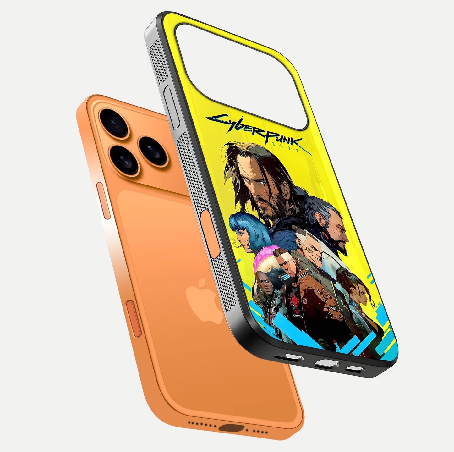 Neon Rebel Genesis Glass Case for iPhone 17 Pro Max floating dual-view mockup showing electric glow and depth