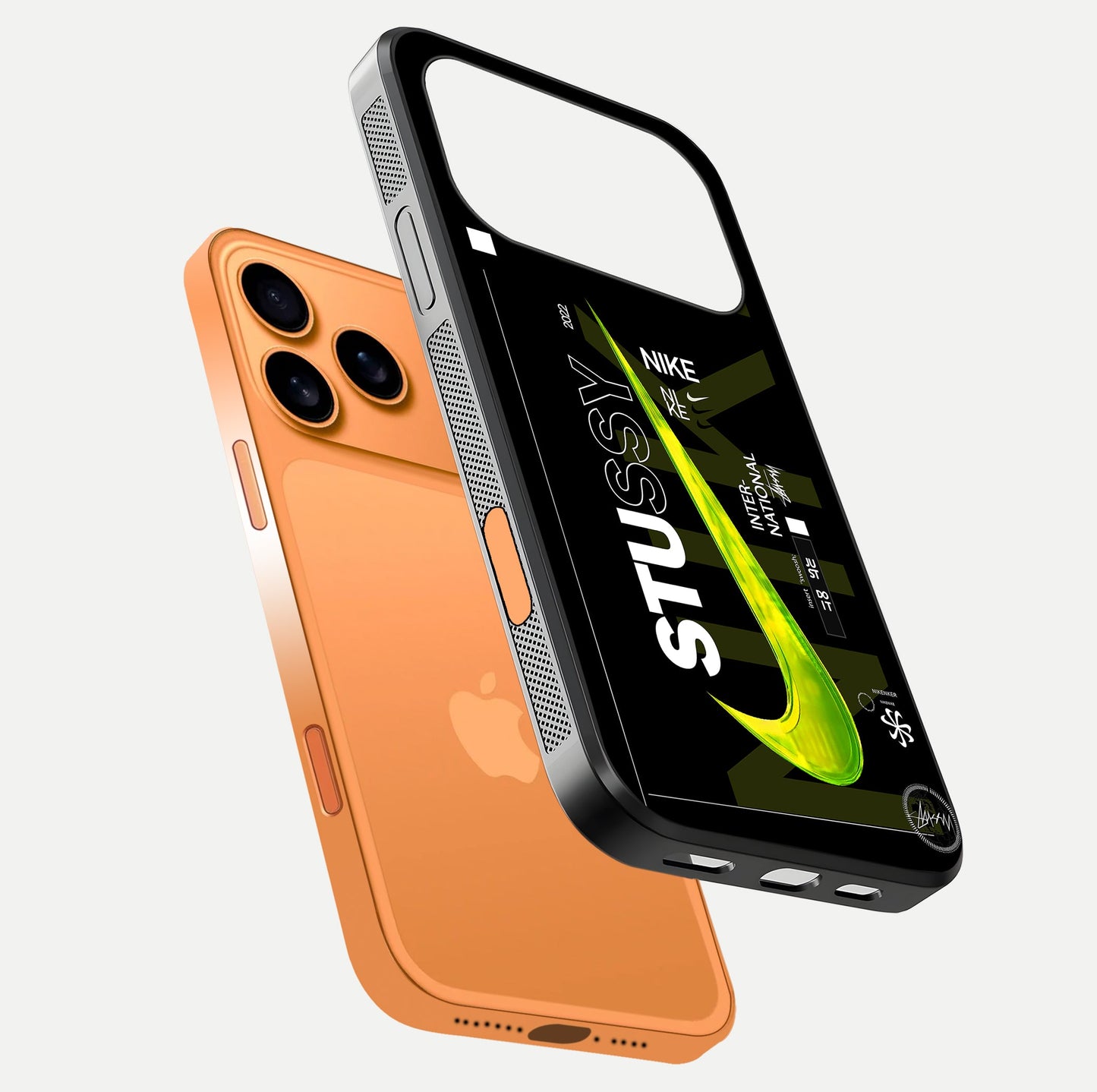 Neon Street Edition Glass Case for iPhone 17 Pro Max floating dual-view mockup showing HD gloss and neon glow