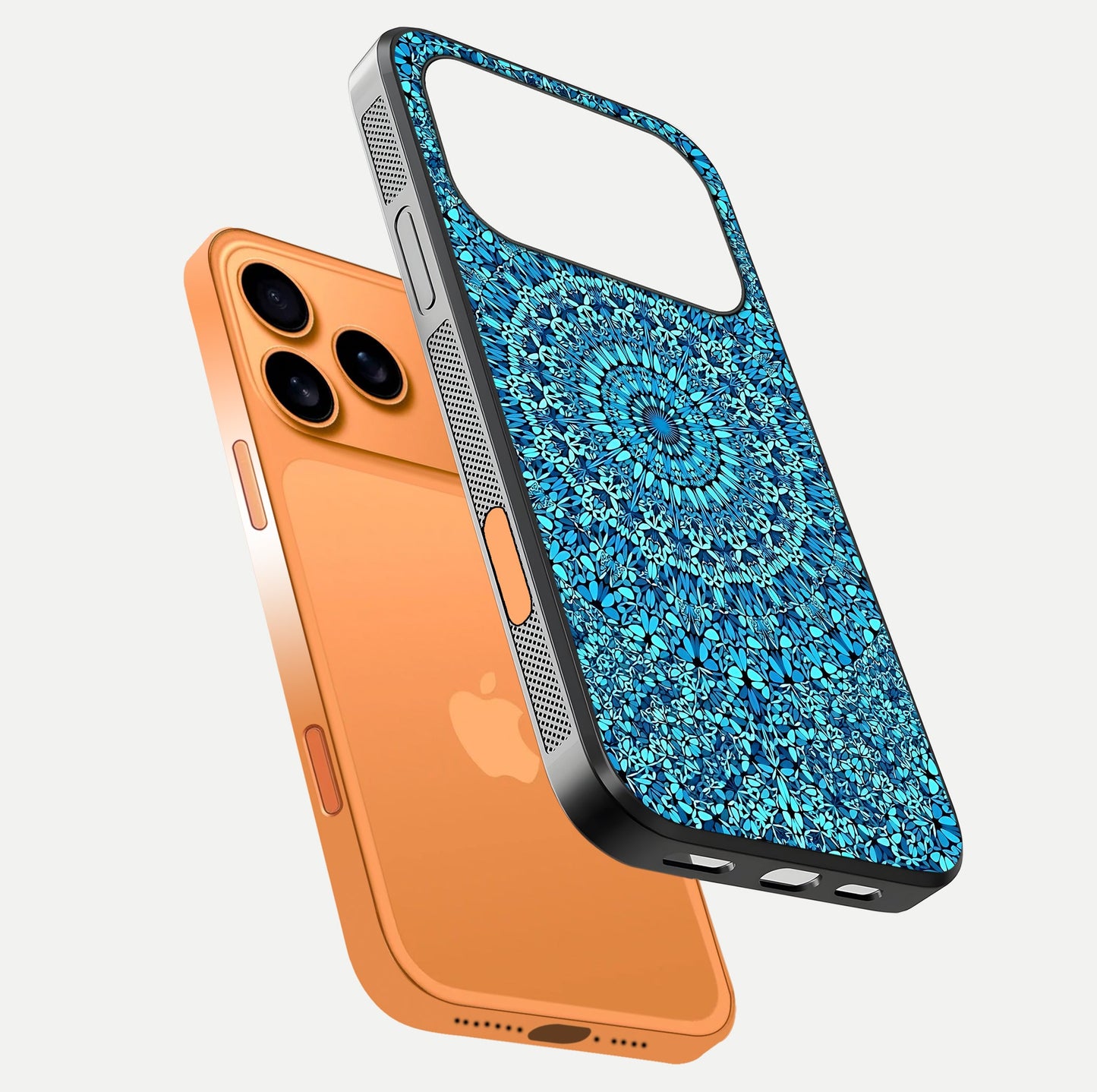 Ocean Bloom Mandala Glass Case for iPhone 17 Pro Max floating dual-view mockup showing gloss texture and print depth