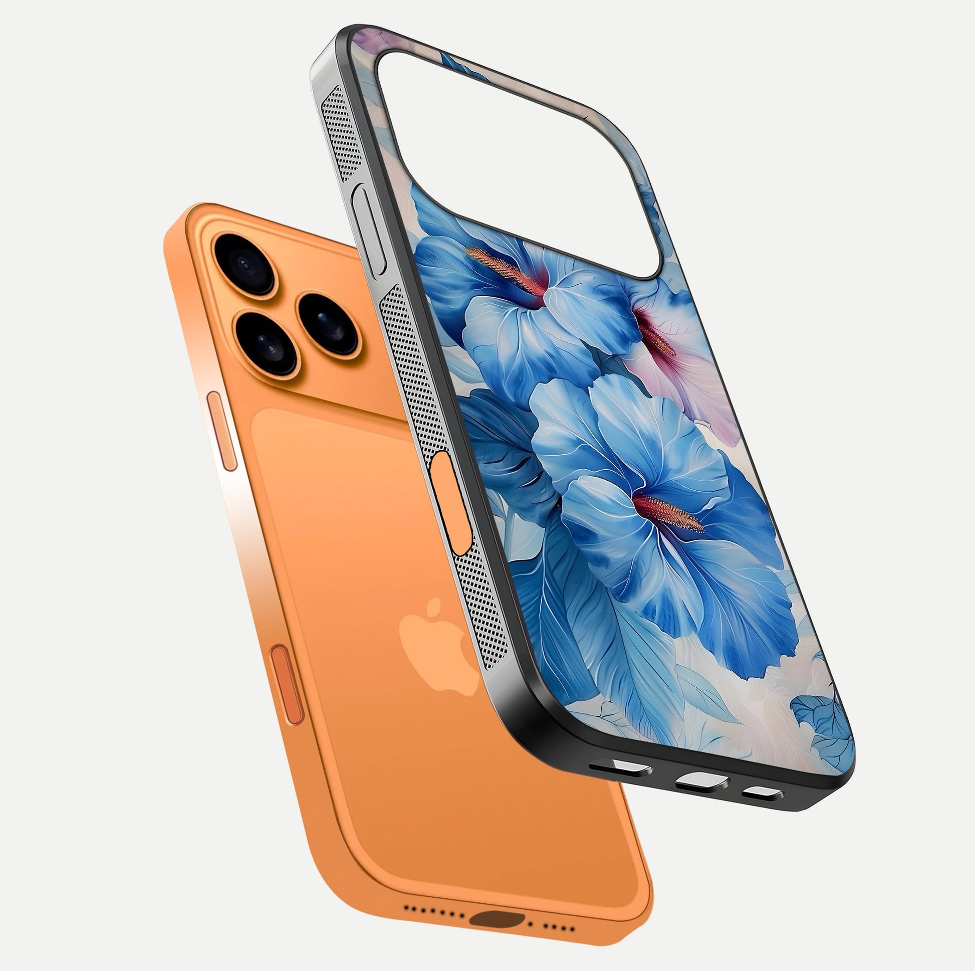 Ocean Hibiscus Grace Glass Case for iPhone 17 Pro Max floating dual-view mockup showing gloss reflection and print clarity