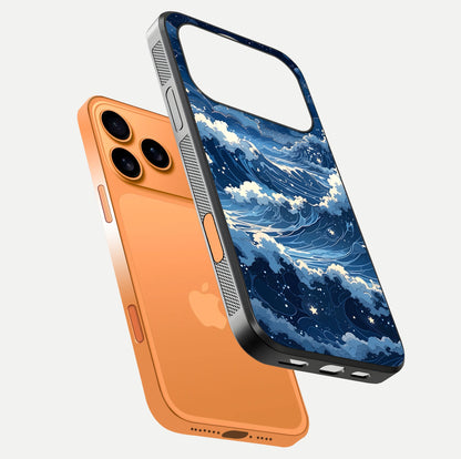 Ocean Moon Waves Glass Case for iPhone 17 Pro Max floating dual-view mockup showing gloss texture and moon glow