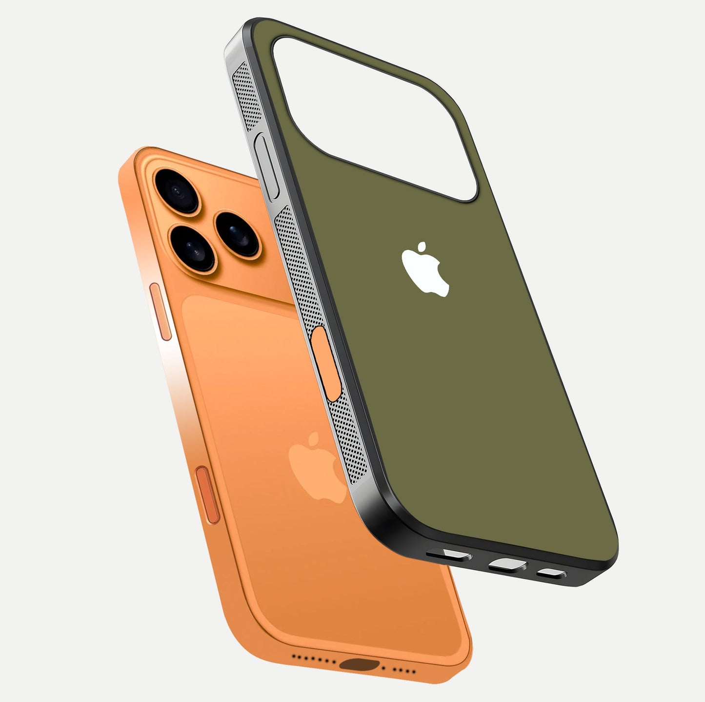 Olive Matte Essence Glass Case for iPhone 17 Pro Max floating dual-view mockup showing matte gloss and depth