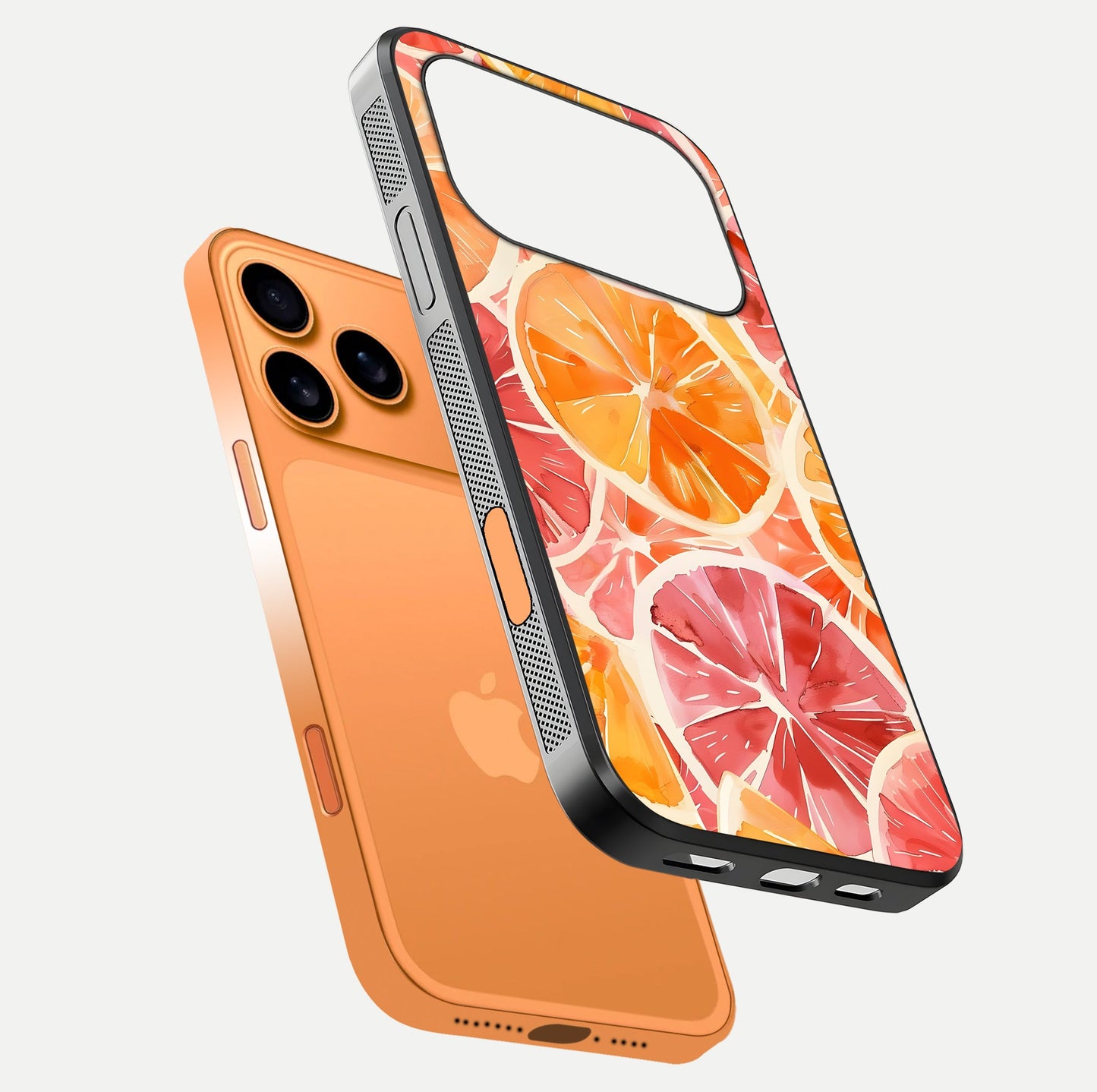 Orange Fruits Pattern Glass Case for iPhone 17 Pro Max floating dual-view mockup showing gloss reflection and HD tone