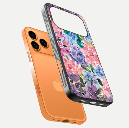 Pastel Floral Mix Glass Case for iPhone 17 Pro Max floating dual-view mockup showing HD gloss and floral texture