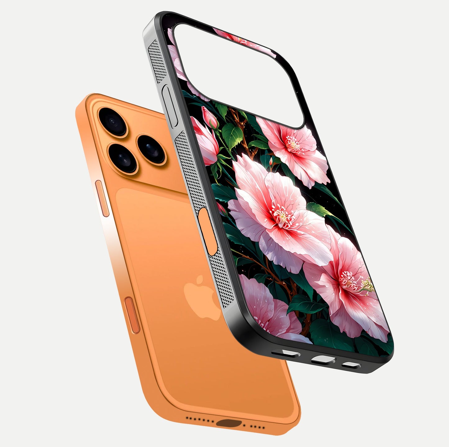 Peach Flower Glass Case for iPhone 17 Pro Max floating dual-view mockup displaying shine and delicate flower art