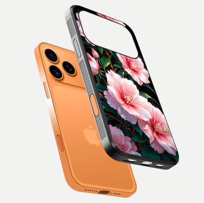 Peach Flower Glass Case for iPhone 17 Pro Max floating dual-view mockup displaying shine and delicate flower art