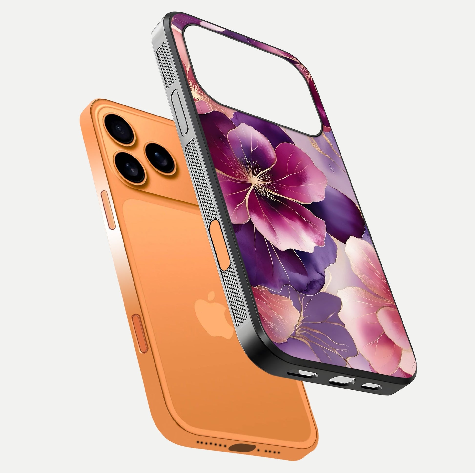 Pink Bouquet Florals Glass Case for iPhone 17 Pro Max floating dual-view mockup showing gloss surface and color depth
