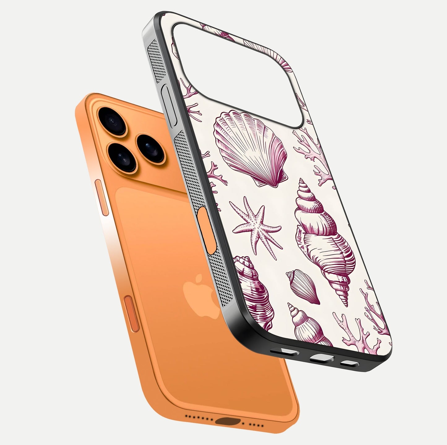 Pink Shells Outline Glass Case for iPhone 17 Pro Max floating dual-view mockup displaying gloss and ocean vibe