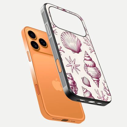 Pink Shells Outline Glass Case for iPhone 17 Pro Max floating dual-view mockup displaying gloss and ocean vibe