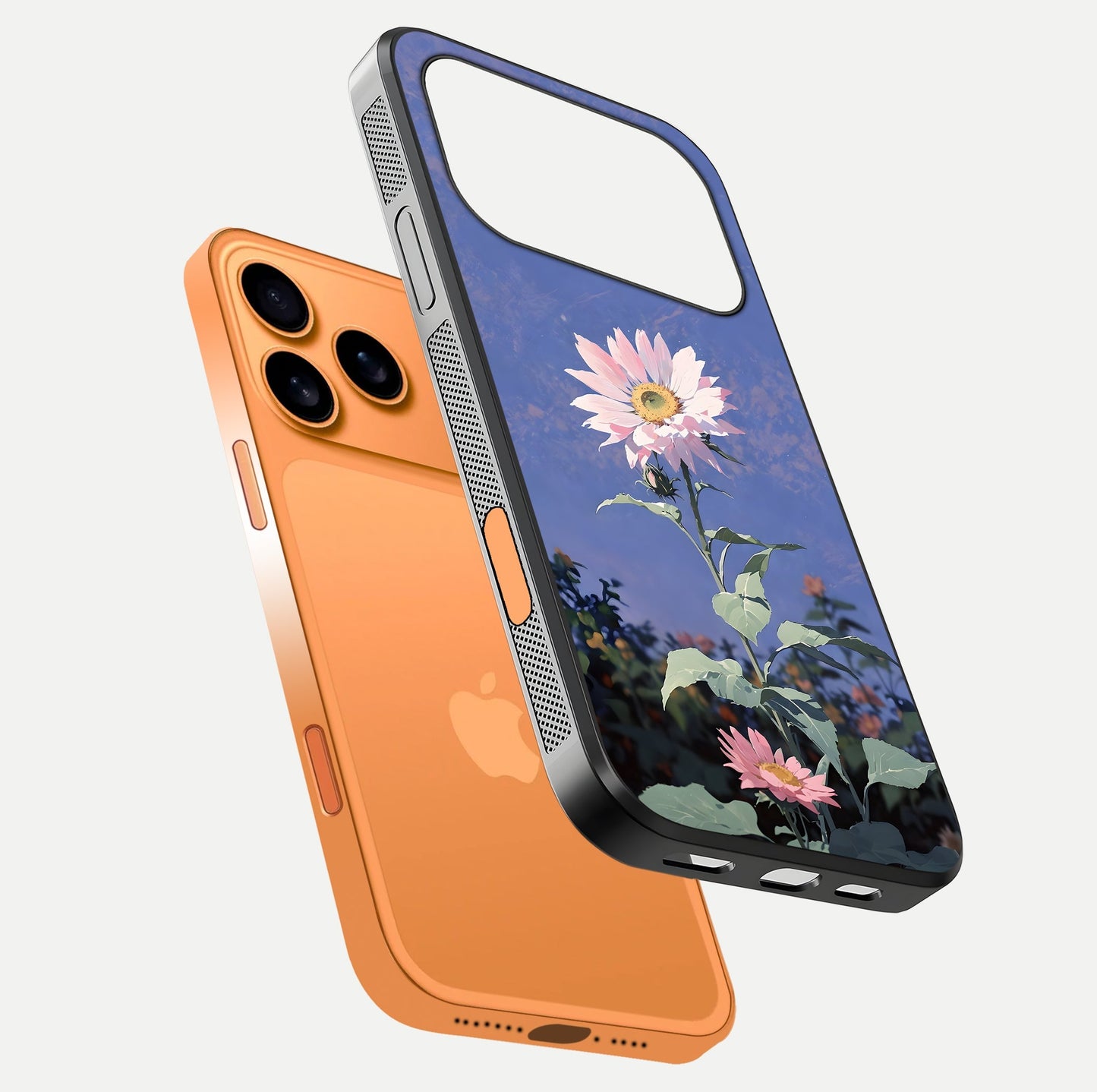 Pink Sunflower Glow Glass Case for iPhone 17 Pro Max floating dual-view mockup showing gloss reflection and design depth