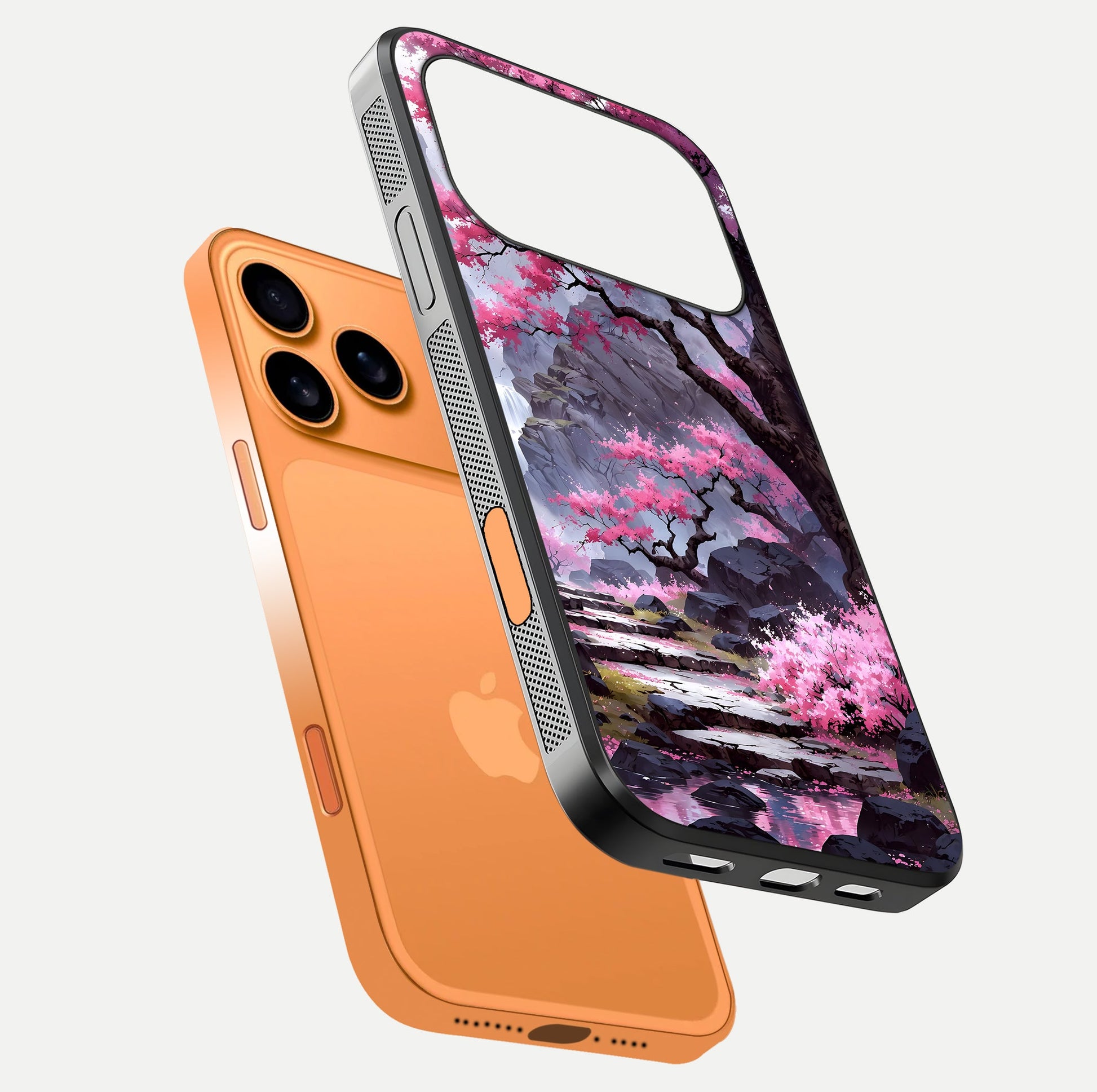 Pinkish Scenery Glass Case for iPhone 17 Pro Max floating dual-view mockup displaying gloss shine and artistic tone