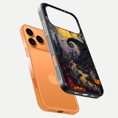 Pumpkin Moon Night Glass Case for iPhone 17 Pro Max floating dual-view mockup showing HD gloss and spooky detail