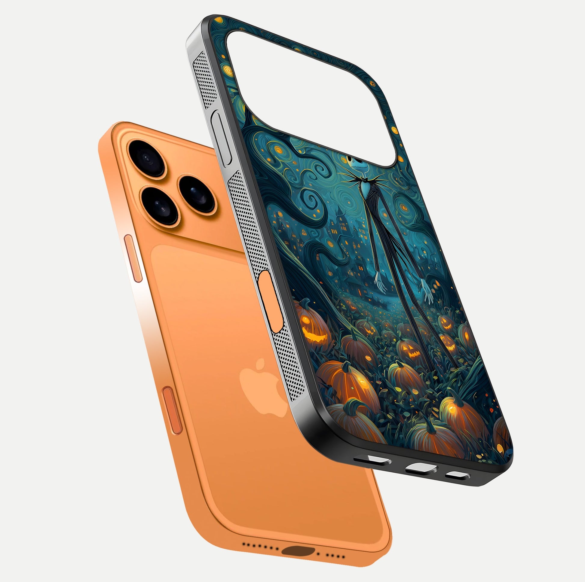 Pumpkin Moonlight Tale Glass Case for iPhone 17 Pro Max floating dual-view mockup showing HD gloss and eerie design