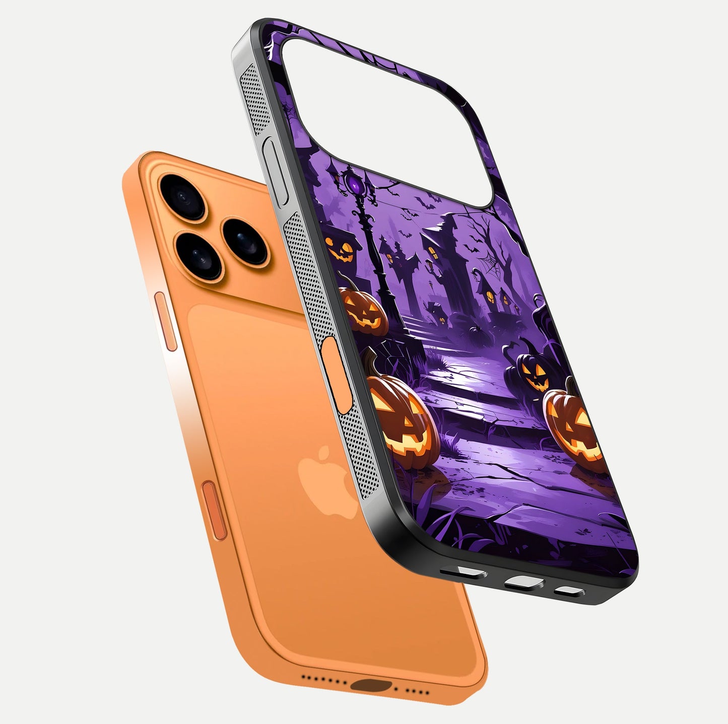 Pumpkin Patch Halloween Glass Case for iPhone 17 Pro Max floating dual-view mockup displaying gloss and dark tone