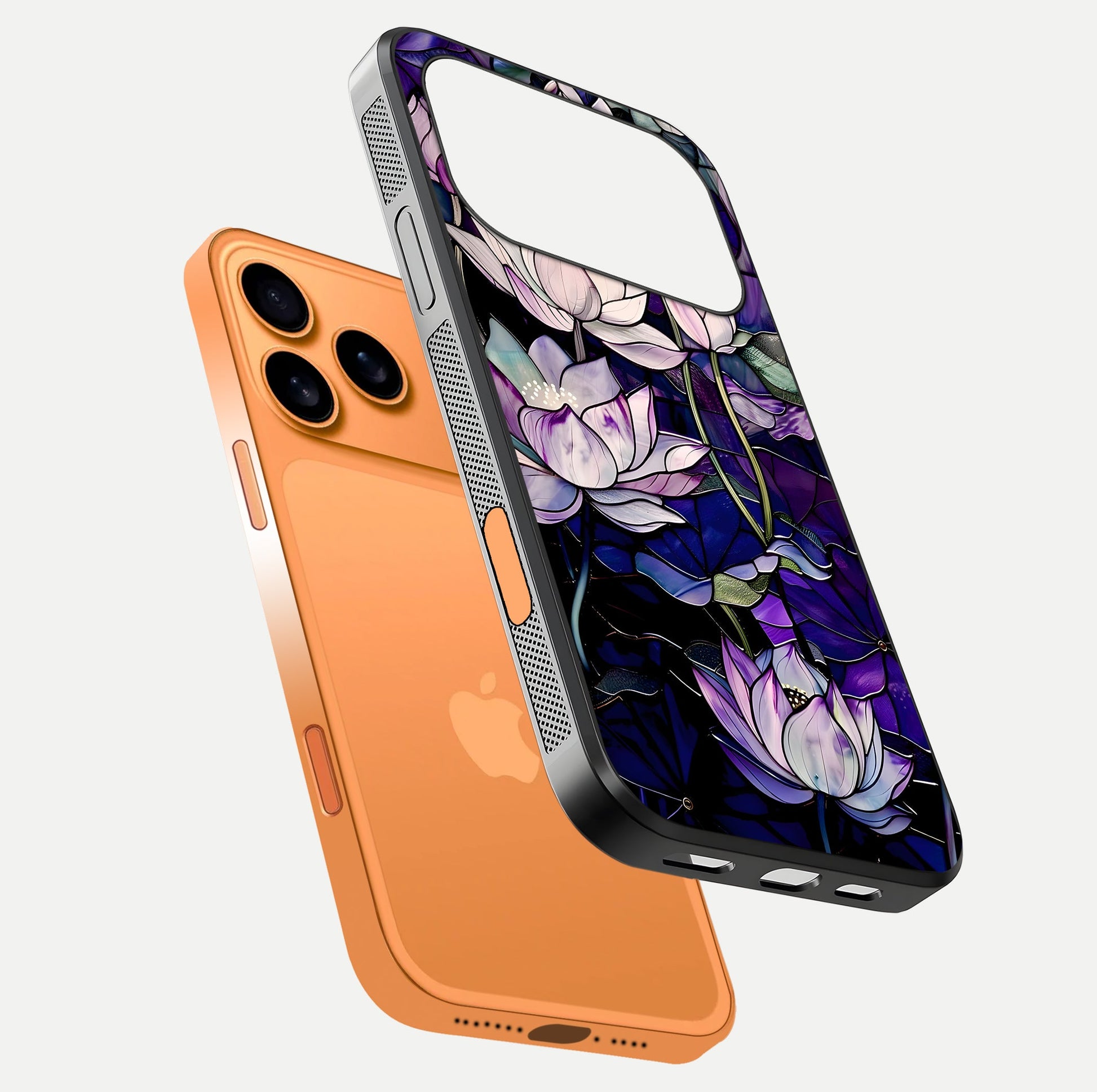Purple Lotus Pattern Glass Case for iPhone 17 Pro Max floating dual-view mockup showing glass shine and vivid purple hue