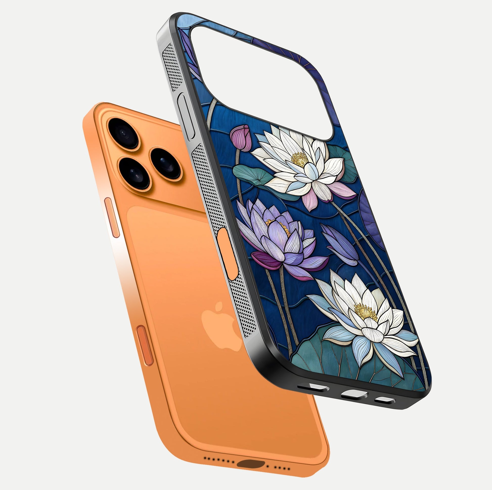 Purple Lotus Stained Glass Case for iPhone 17 Pro Max floating dual-view mockup displaying color depth and glass clarity