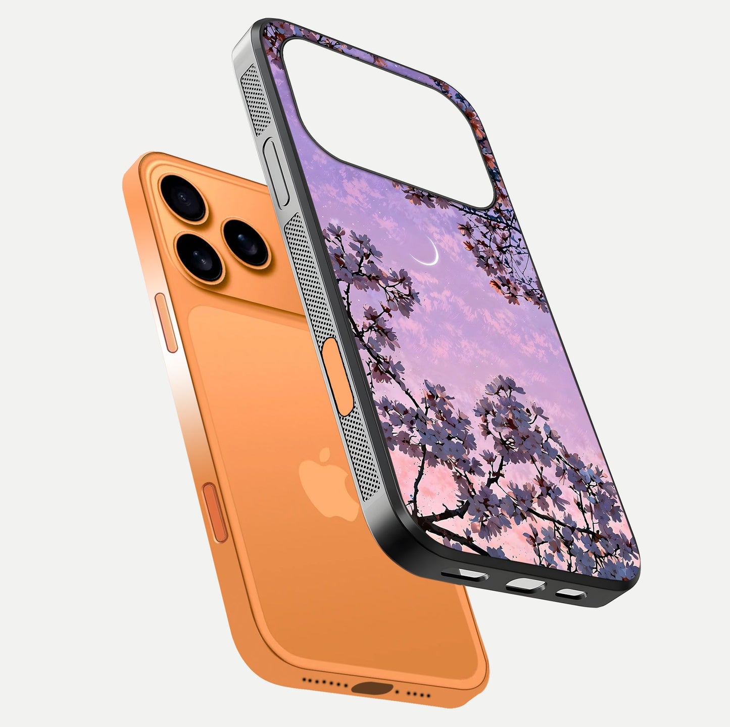 Purple Serenity Moon Glass Case for iPhone 17 Pro Max floating dual-view mockup showing gloss and cosmic detail