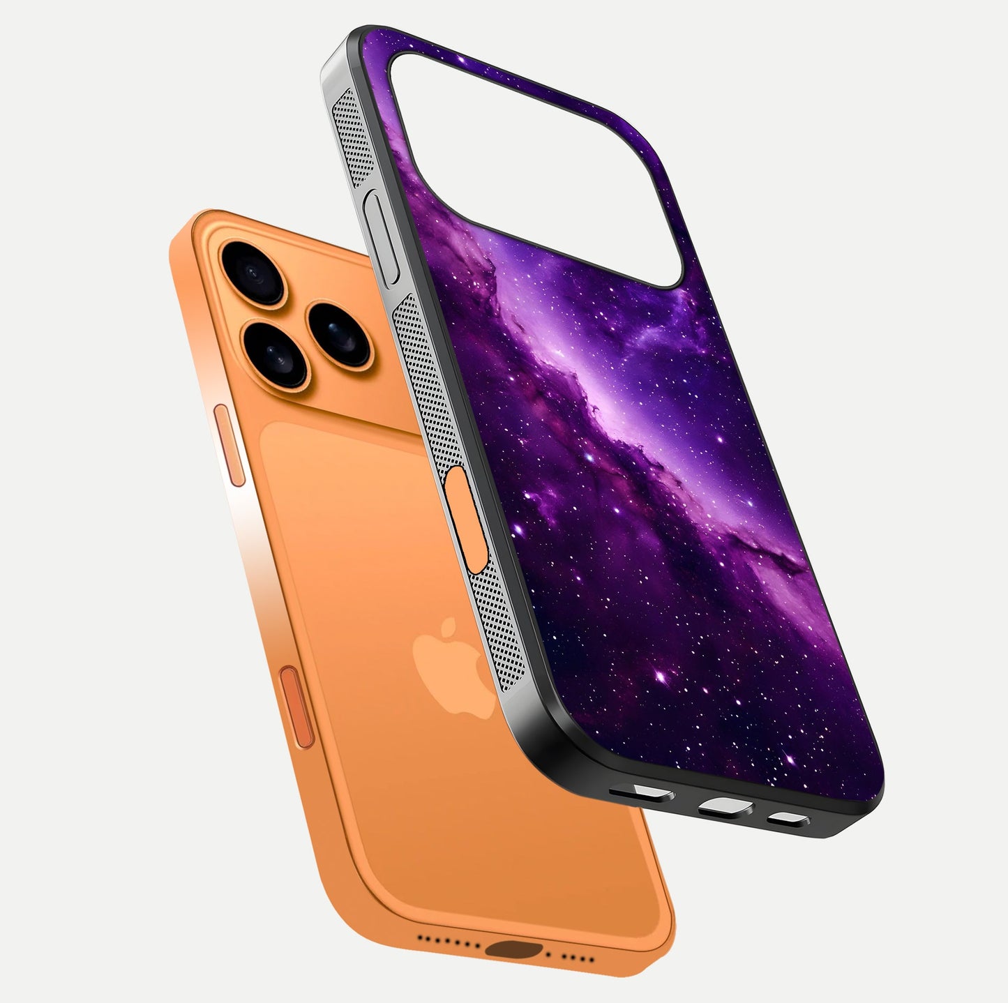 Purple Shade Sky Glass Case for iPhone 17 Pro Max floating dual-view mockup displaying gloss and sky theme