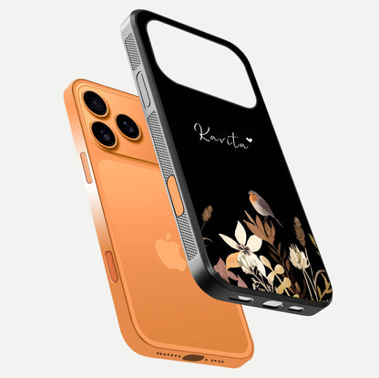 Quiet Garden Tune Custom Name Glass Case for iPhone 17 Pro Max floating dual-view mockup showing gloss and elegant detail