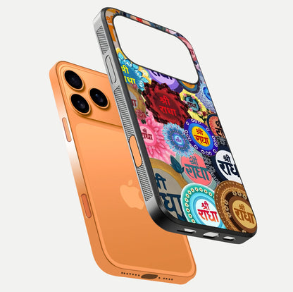 Radha Divine Bloom Glass Case for iPhone 17 Pro Max floating dual-view mockup showing gloss depth and HD art