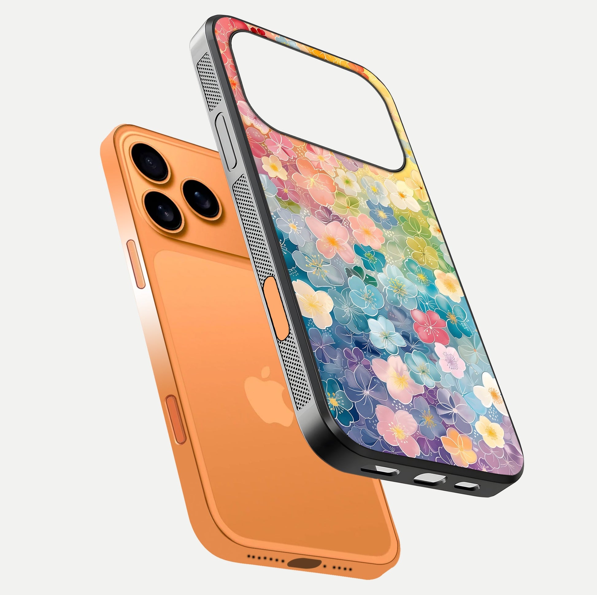 Rainbow Blossom Burst Glass Case for iPhone 17 Pro Max floating dual-view mockup displaying gloss and gradient pattern
