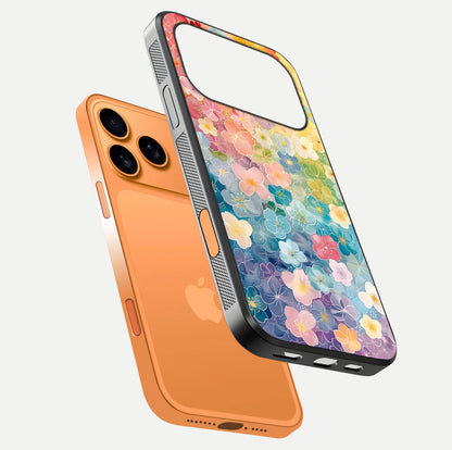 Rainbow Blossom Burst Glass Case for iPhone 17 Pro Max floating dual-view mockup displaying gloss and gradient pattern